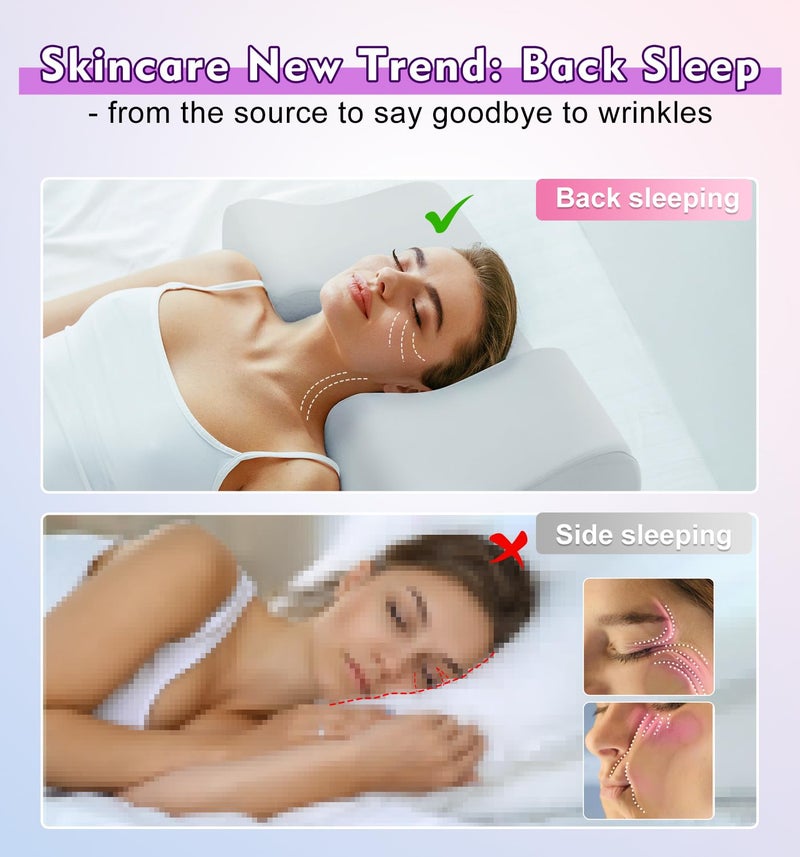 vamorry Anti Wrinkle Ergonomic Back Sleep Training Pillow: Cervical Memory Foam Anti Aging Beauty Pillow for Neck Pain Relief - Contoured Neck & Shoulder Support Flawless Face Pillow with Cooling Pllowcase - Image 3