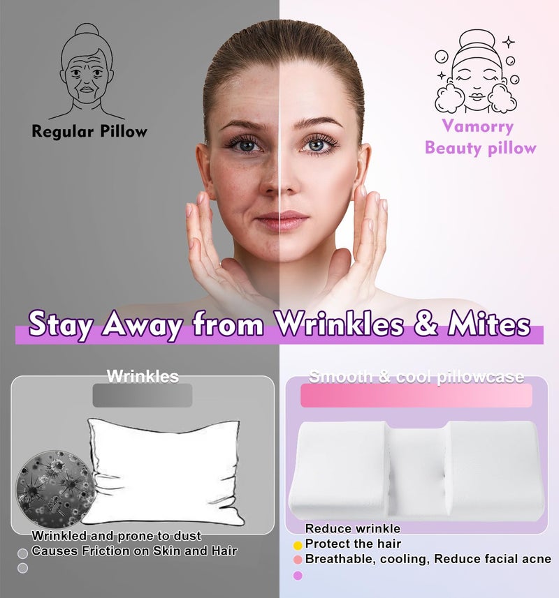 vamorry Anti Wrinkle Ergonomic Back Sleep Training Pillow: Cervical Memory Foam Anti Aging Beauty Pillow for Neck Pain Relief - Contoured Neck & Shoulder Support Flawless Face Pillow with Cooling Pllowcase - Image 4