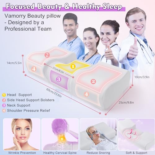 vamorry Anti Wrinkle Ergonomic Back Sleep Training Pillow: Cervical Memory Foam Anti Aging Beauty Pillow for Neck Pain Relief - Contoured Neck & Shoulder Support Flawless Face Pillow with Cooling Pllowcase - Image 2