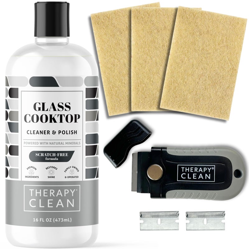Therapy Glass Cooktop Cleaner Kit 16oz with Scraper 3 NonScratch Pads For Electric Induction Ceramic Gas Stove Top Heavy Duty Flat Top Stove Cleaner Polish
