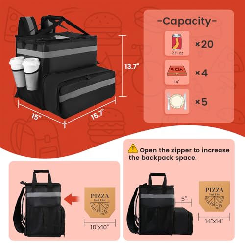 CIVJET Food Delivery Bag,Large Insulated Backpack for Doordash/Uber Eeats, Expandable Cooler Bags for Bike/Motorcycle with Reflective Strip and Cup Holders,Reusable Pizza Food Delivery Bag with Hand Straps - Image 3
