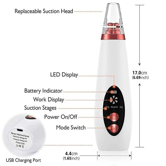 GABANIZ GABANIZ 6 in 1 Multifunction Blackhead Remover Tools  Electric Derma suction Machine  USB Rechargeable Acne Pimple Pore Cleaner Vacuum tool  Facial Cleanser Device for Nose  Skin Care  - Image 4