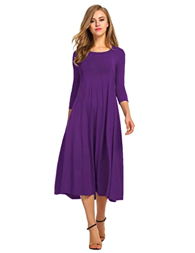 HOTOUCH Women's Elegant Round Neck 3/4 Sleeve Midi Dress (Purple M) - Image 1