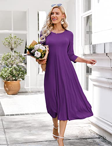 HOTOUCH Women's Elegant Round Neck 3/4 Sleeve Midi Dress (Purple M) - Image 3