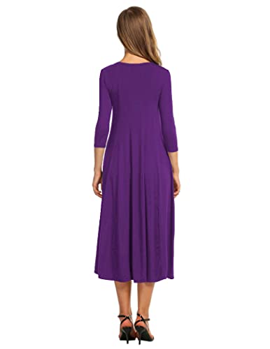 HOTOUCH Women's Elegant Round Neck 3/4 Sleeve Midi Dress (Purple M) - Image 2