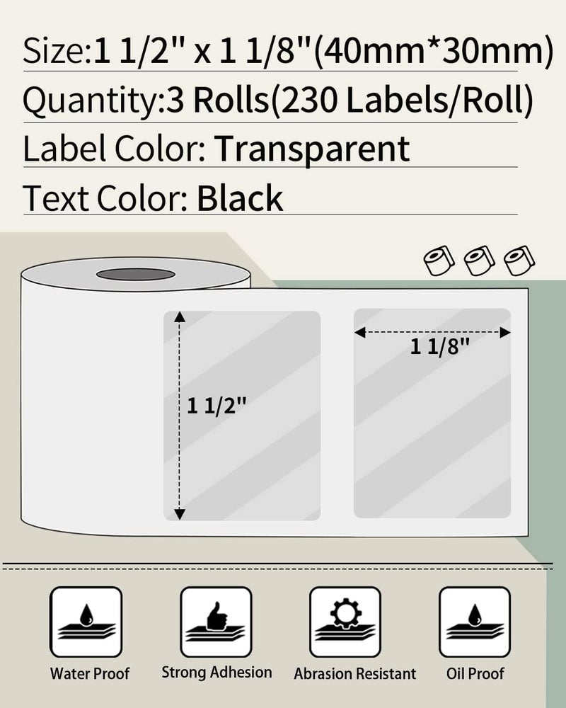 phomemo M110 M200 M220 M120 Multi-Purpose Transparent Square Self-Adhesive Label,1.57"X1.18"(40 X 30Mm), 230 Labels/Roll, Black On White Labelfor Small Business, Home, Office, 230 Labels/Roll, 3 Rolls - Image 2
