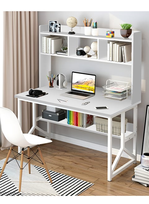 Computer Desk with Hutch Bookshelf Home Office Desk with Space Saving Design Writing Desk Workstation Metal Legs Industrial Table with Upper Storage Shelves