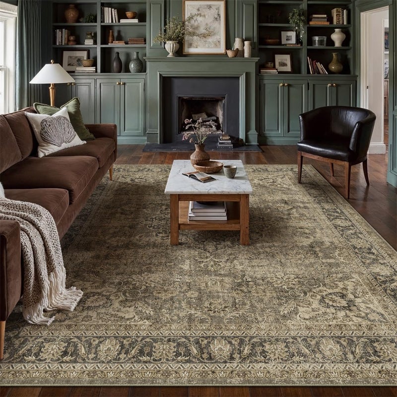 WondRg 8x10 Washable Brown Area Rug Vintage Living Room Bedroom Carpet Non-Slip Soft Low Pile Distressed Indoor Large Throw Rug for Dining Room Office - Image 1