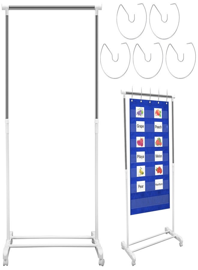 Fuyoooo Adjustable Pocket Chart Stand Stainless Steel Expandable Chart Stand with Casters Rolling Anchor Holder with 5 Rings for Classroom Home Educational Tools, Adjustable to 63 Inch(White) - Image 1