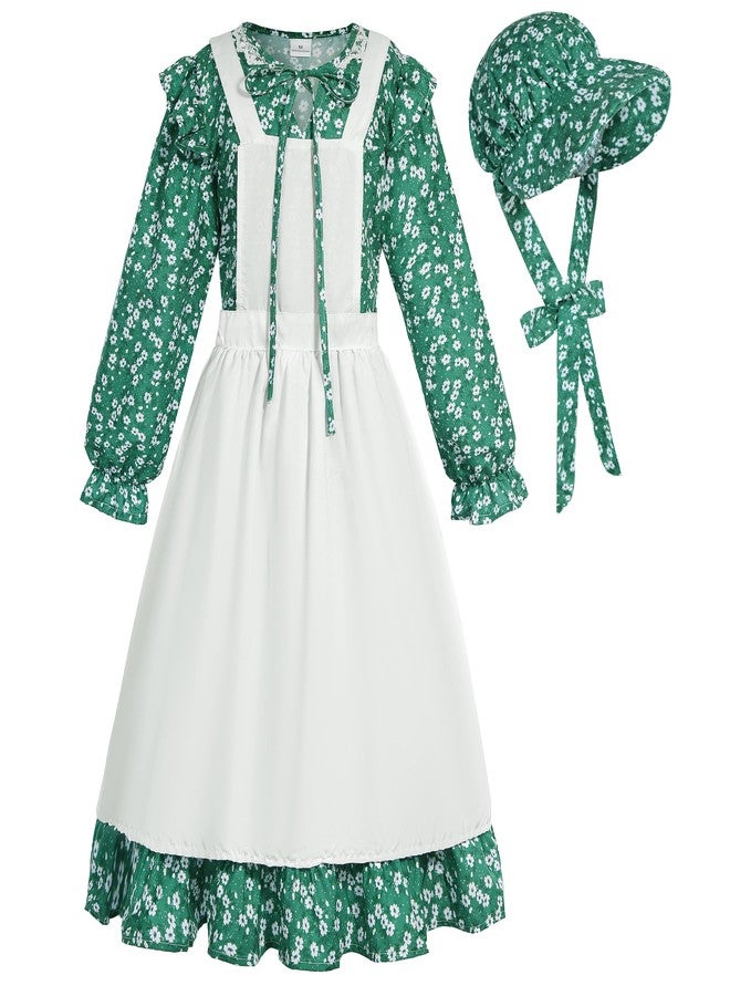 Cuteshower Colonial Costume Girl Prairie Dress Pioneer Girl Costume with Hat (Green, 10-12 Years) - Image 1