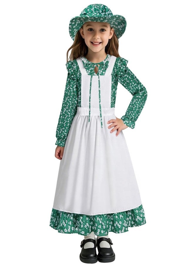 Cuteshower Colonial Costume Girl Prairie Dress Pioneer Girl Costume with Hat (Green, 10-12 Years) - Image 2