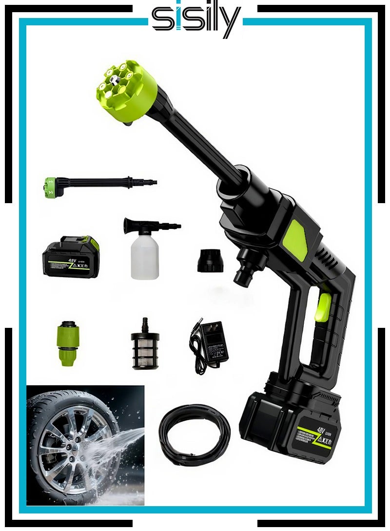 سيسلي مسدس غسيل عالي الضغط - تصميم محمول 48 فولت، مزود ببطارية قابلة لإعادة الشحن، موصل سريع، فلتر ذاتي التحضير، وعاء رغوي وخرطوم، غسالة سيارات كهربائية منزلية - Image 1