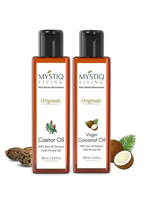 Originals Combo Virgin Coconut Oil & Castor Oil; For Hair & Skin ; Cold Pressed Castor & Coconut Combo200 Ml (Pack Of 2) 100 Ml Each