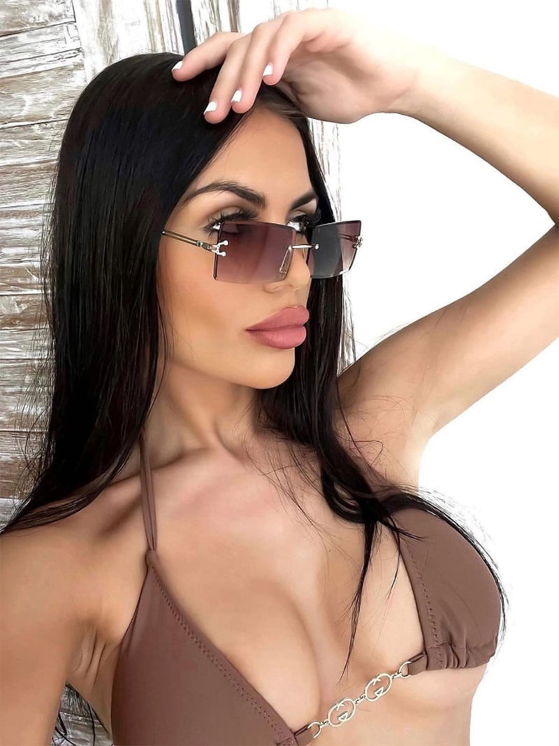 PORADAY Rectangle Sunglasses for Women Men Vintage Rimless Square Sun Glasses Candy Color (Purple Gray + Gradient Brown) - Image 4