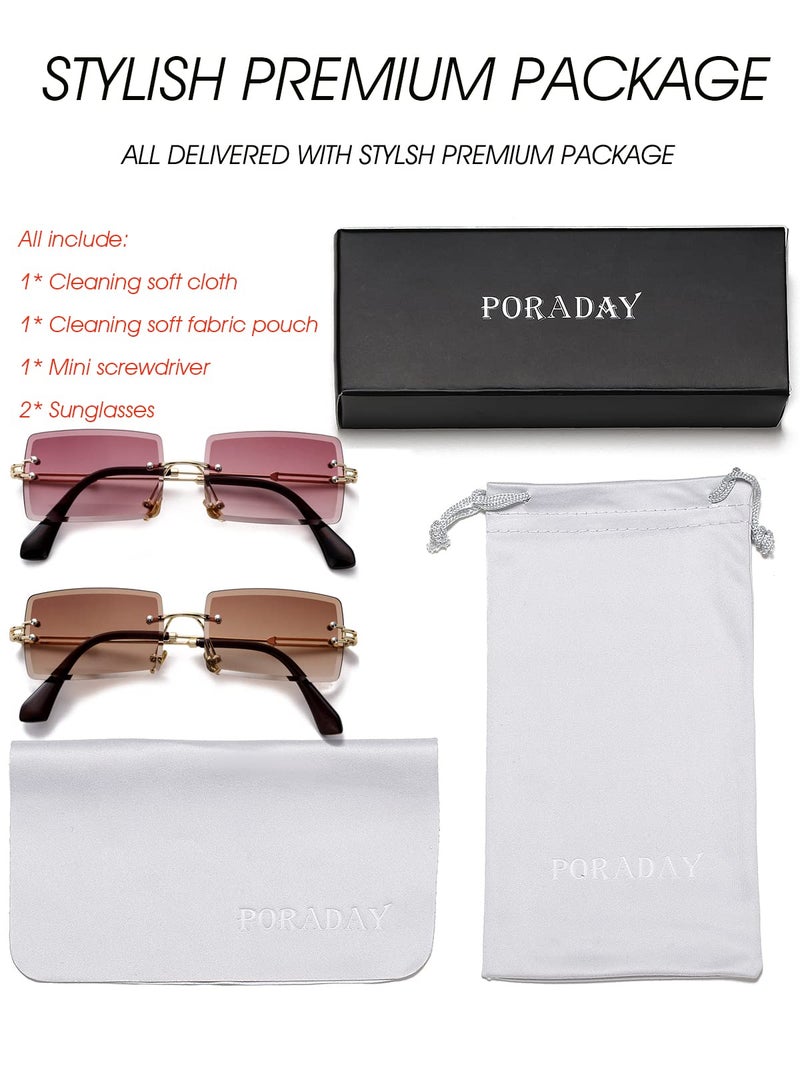 PORADAY Rectangle Sunglasses for Women Men Vintage Rimless Square Sun Glasses Candy Color (Purple Gray + Gradient Brown) - Image 2
