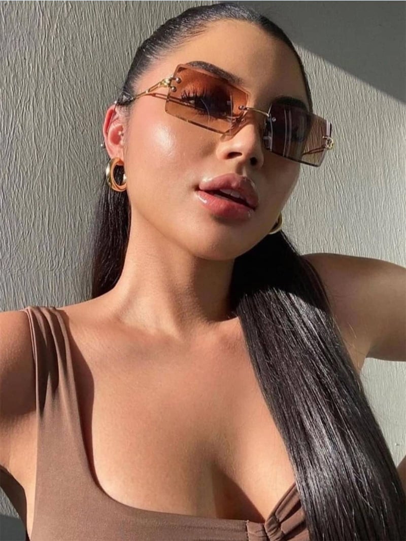 PORADAY Rectangle Sunglasses for Women Men Vintage Rimless Square Sun Glasses Candy Color (Purple Gray + Gradient Brown) - Image 3