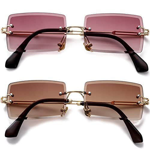 PORADAY Rectangle Sunglasses for Women Men Vintage Rimless Square Sun Glasses Candy Color (Purple Gray + Gradient Brown) - Image 1