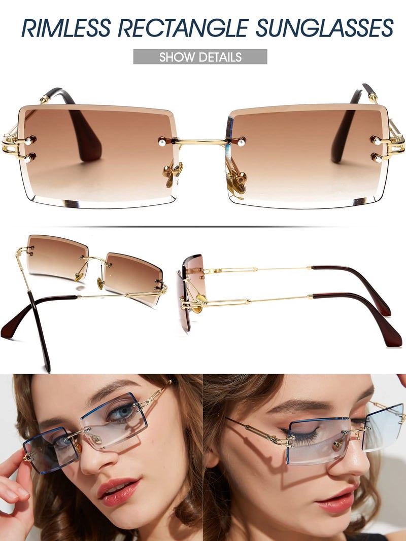 PORADAY Rectangle Sunglasses for Women Men Vintage Rimless Square Sun Glasses Candy Color (Purple Gray + Gradient Brown) - Image 5
