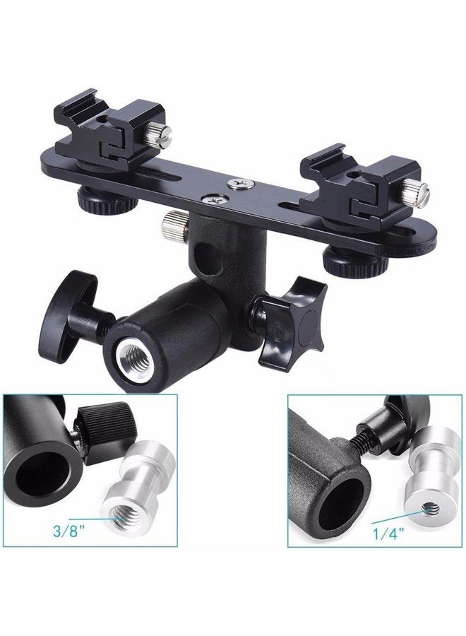 EXMAX E2 Adjustable Double Flash Bracket Dual Hot Shoe Speedlight Stand Umbrella Holder Light Stand Bracket Mount 1/4" to 3/8'' for Studio Video DSLR Camera  - Image 3