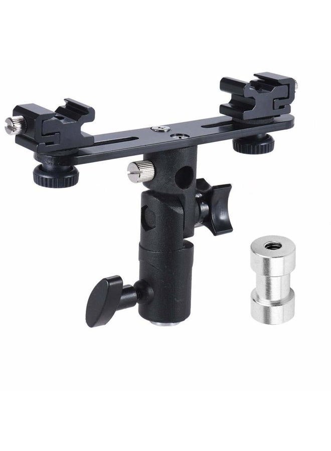 EXMAX E2 Adjustable Double Flash Bracket Dual Hot Shoe Speedlight Stand Umbrella Holder Light Stand Bracket Mount 1/4" to 3/8'' for Studio Video DSLR Camera  - Image 1