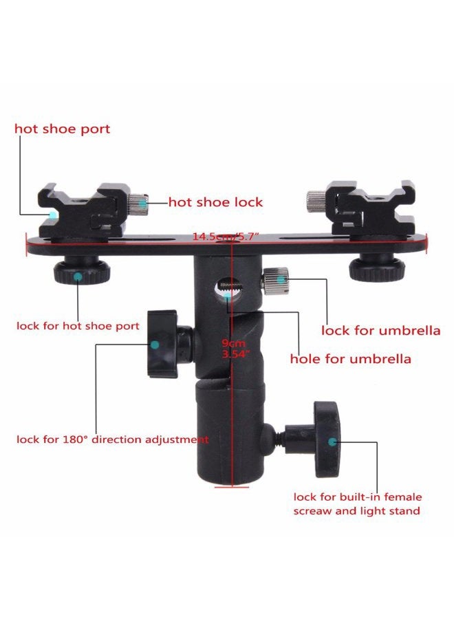 EXMAX E2 Adjustable Double Flash Bracket Dual Hot Shoe Speedlight Stand Umbrella Holder Light Stand Bracket Mount 1/4" to 3/8'' for Studio Video DSLR Camera  - Image 2