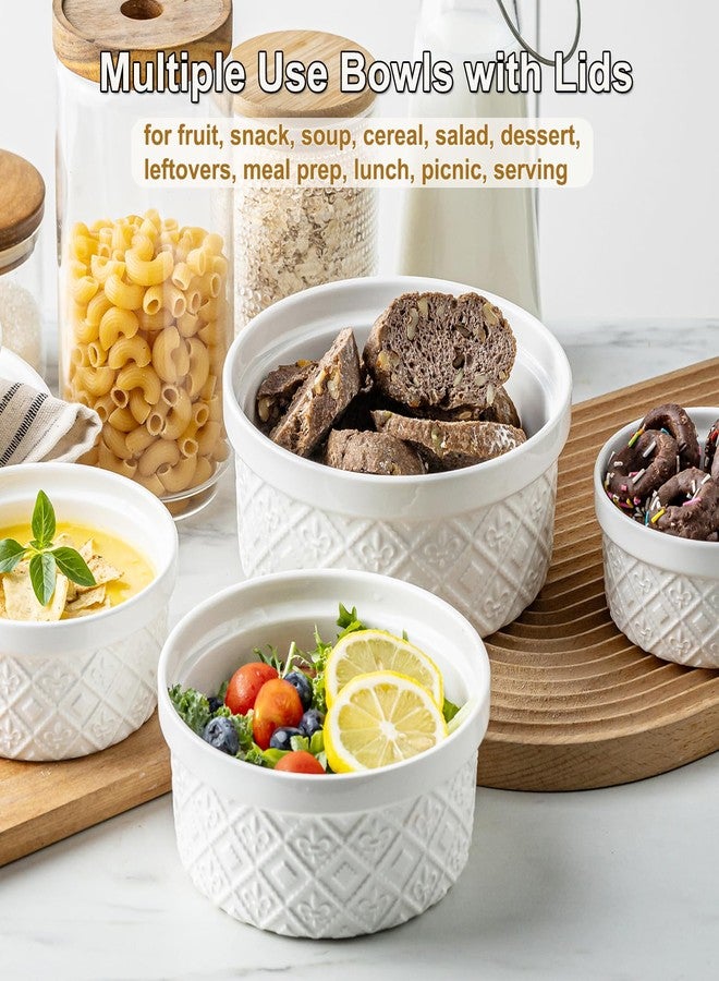 MISSYSSIM Cereal Bowls 40 oz, Ceramic Ramekin Bowls for Kitchen, Embossment Serving Bowls with Lids for Fruits, Salad, Snacks, Ramen, Airtight Food Storage Containers Set of 4 - Suitable for Housewarming, White - Image 3