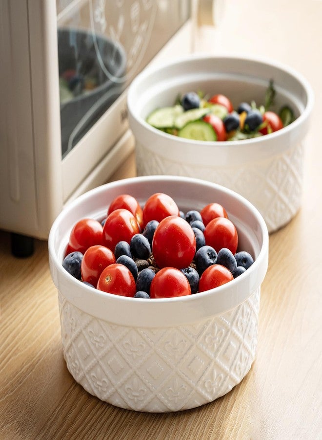 MISSYSSIM Cereal Bowls 40 oz, Ceramic Ramekin Bowls for Kitchen, Embossment Serving Bowls with Lids for Fruits, Salad, Snacks, Ramen, Airtight Food Storage Containers Set of 4 - Suitable for Housewarming, White - Image 2