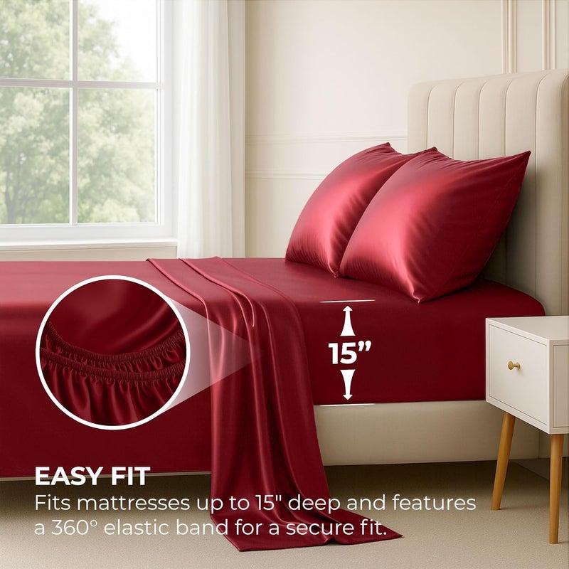 Pure Bedding Satin Sheets Queen [4-Piece, Burgundy] Hotel Luxury Silky Bed Sheets - Extra Soft 1800 Microfiber Sheet Set, Wrinkle, Fade, Stain Resistant - Deep Pocket Fitted Sheet, Flat Sheet, Pillow Cases - Image 3