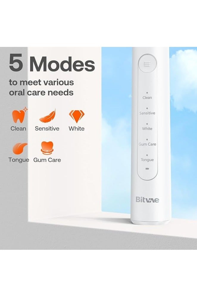 بيتفي R2 Rotating Electric Toothbrush, 5 Modes (Clean, Sensitive, White, Tongue & Gum Care), 8 Replacement Heads, Cleans 4X More Plaque, 30-Days Battery Life, White | R2 - Image 5
