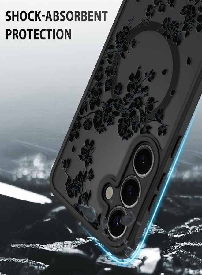 أو أو كيه جراب OOK مناسب لهاتف Samsung Galaxy S25 مقاس 6.2 بوصة (متوافق مع الشحن اللاسلكي) جراب هاتف شفاف بتصميم زهور سوداء ناعم من مادة TPU + جراب صلب من البولي كربونات مضاد للخدش والصدمات مغناطيسي للنساء - Image 4