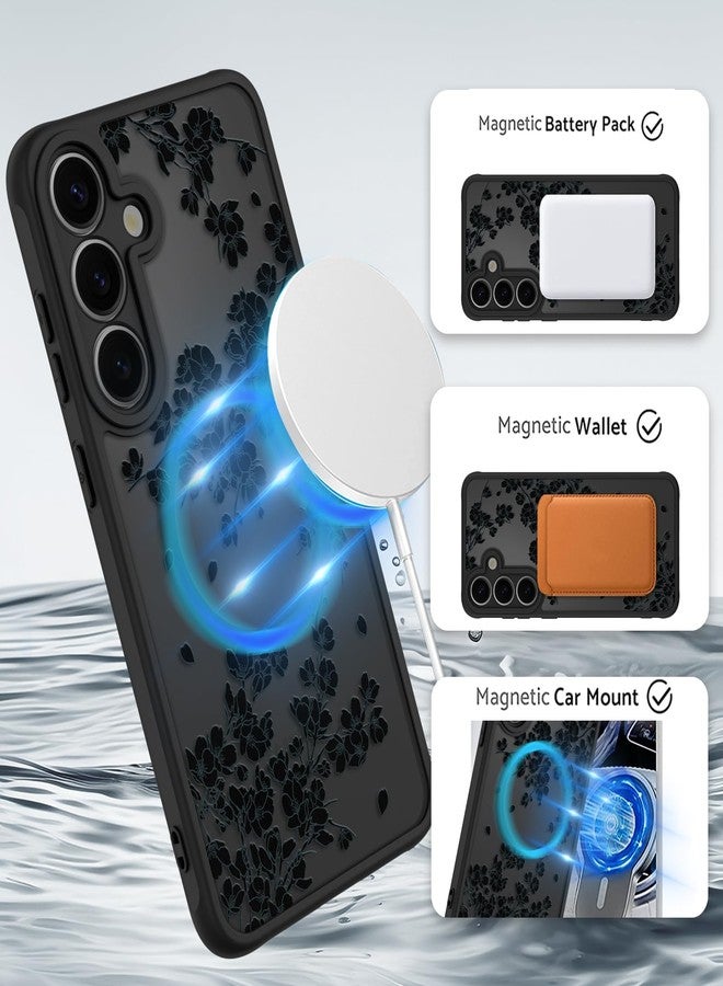 أو أو كيه جراب OOK مناسب لهاتف Samsung Galaxy S25 مقاس 6.2 بوصة (متوافق مع الشحن اللاسلكي) جراب هاتف شفاف بتصميم زهور سوداء ناعم من مادة TPU + جراب صلب من البولي كربونات مضاد للخدش والصدمات مغناطيسي للنساء - Image 2