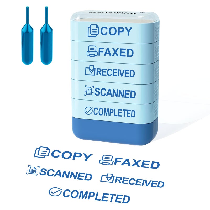 WAHXIAOSW Building Blocks Office Stamps 5-Layer Stacked Office Stamps - Business Refillable Self Inking Stamp with Copy, Faxed, Received, Scanned, and Completed Stamps(2 Refill Ink Included) - Image 1