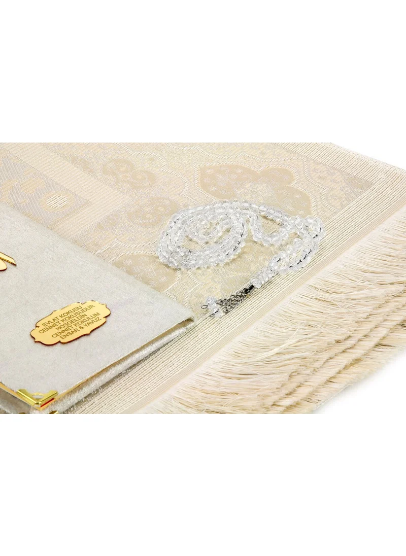 İhvan Online 10 Piece Gift Special Set - Velvet Covered Book of Yasin - Pocket Size - Personalized Plate - Prayer Mat - With Prayer Beads - Boxed - White