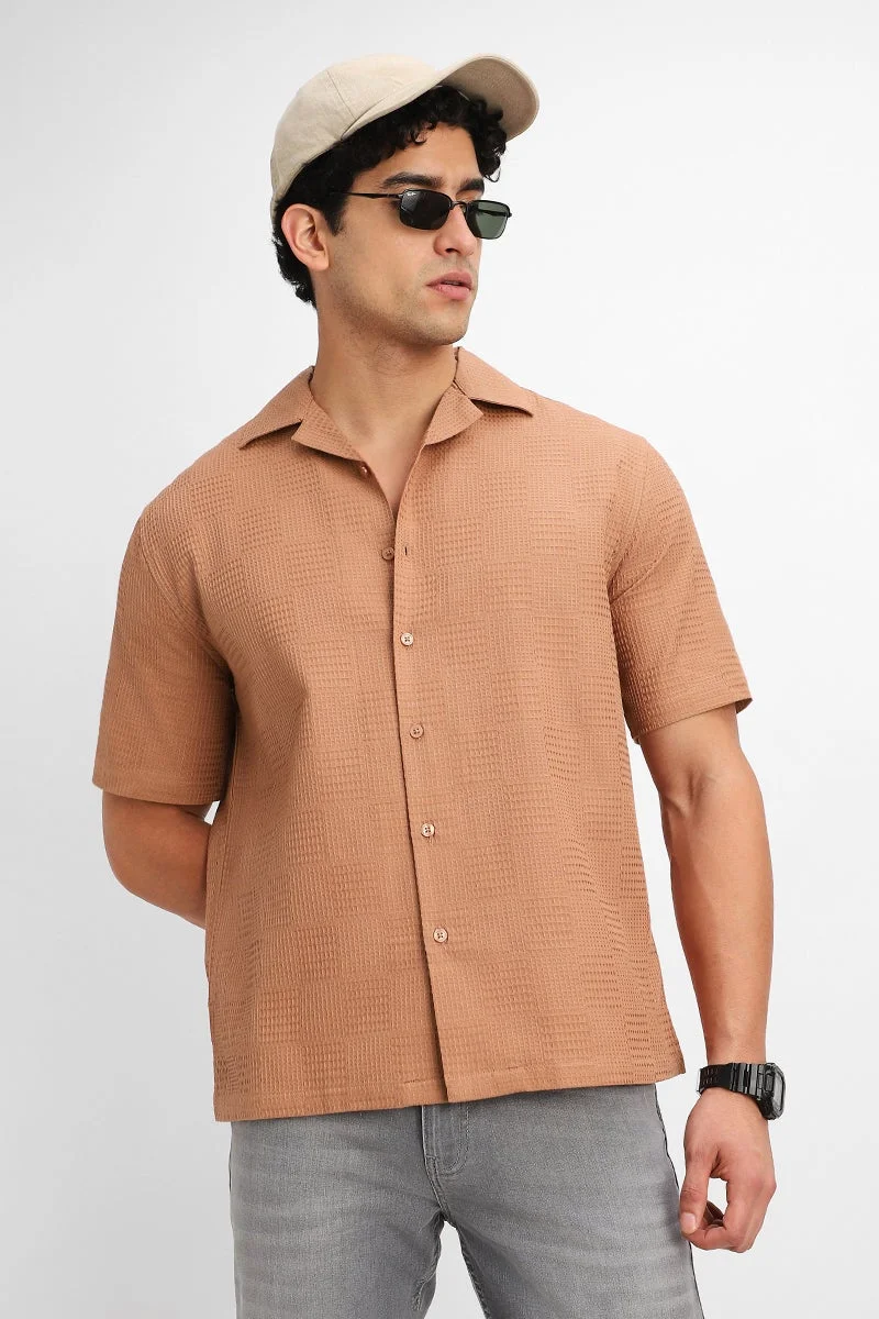 سنيتش Light Brown Textured Half Sleeve Boxy Shirt