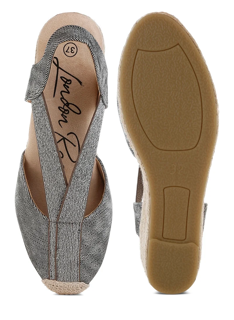 London Rag Metallic Woven Espadrille Wedges in Black