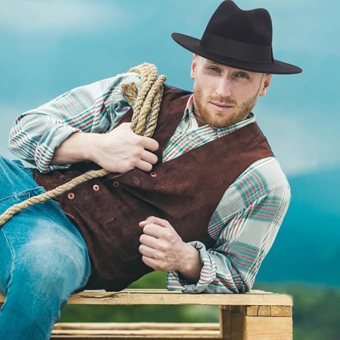 CLOTHERA قبعة فدورا جاز من الصوف الورقي بريم عريض من CLOTHERA للنساء والرجال - Image 4