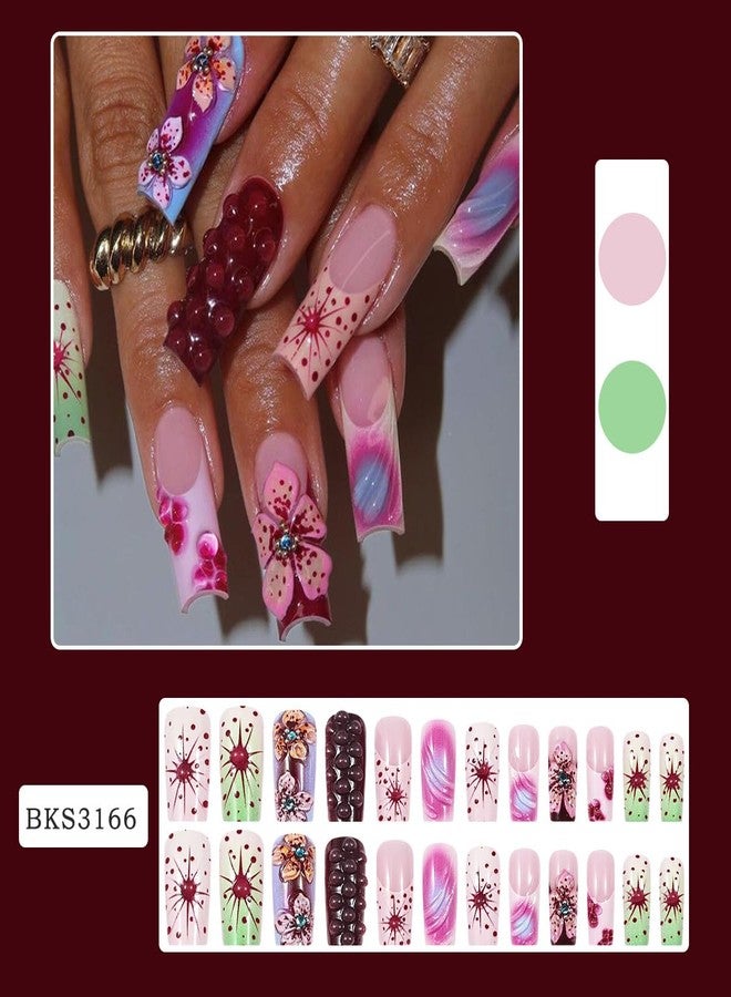 BYJKYEN Flowers Press On Nails Long Coffin Shape Fake Nails with French Tips 3D Floral Design Reusable Gel False Nails Acrylic Artificial Full Cover Stick on Nail for Women Home Nail Art DIY Salon - Image 2