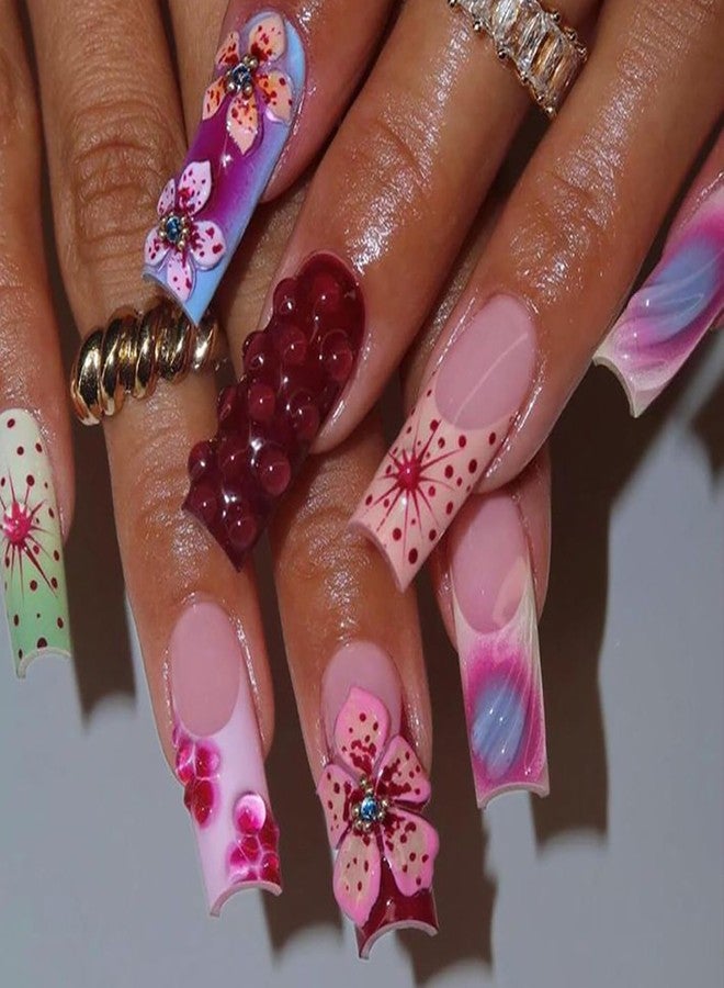 BYJKYEN Flowers Press On Nails Long Coffin Shape Fake Nails with French Tips 3D Floral Design Reusable Gel False Nails Acrylic Artificial Full Cover Stick on Nail for Women Home Nail Art DIY Salon - Image 1