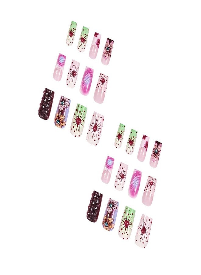 BYJKYEN Flowers Press On Nails Long Coffin Shape Fake Nails with French Tips 3D Floral Design Reusable Gel False Nails Acrylic Artificial Full Cover Stick on Nail for Women Home Nail Art DIY Salon - Image 5