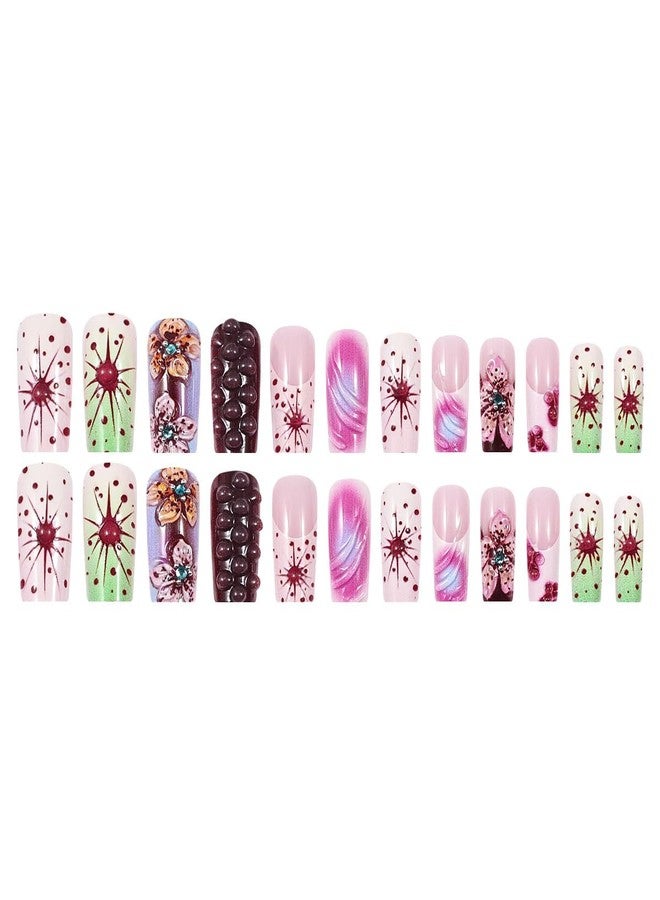 BYJKYEN Flowers Press On Nails Long Coffin Shape Fake Nails with French Tips 3D Floral Design Reusable Gel False Nails Acrylic Artificial Full Cover Stick on Nail for Women Home Nail Art DIY Salon - Image 4