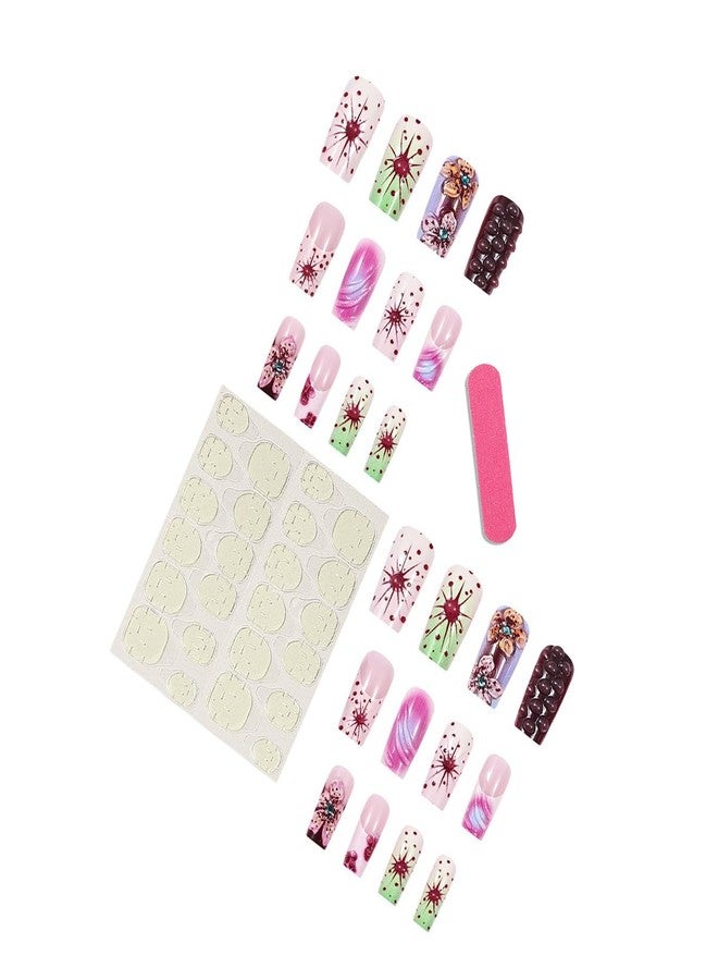 BYJKYEN Flowers Press On Nails Long Coffin Shape Fake Nails with French Tips 3D Floral Design Reusable Gel False Nails Acrylic Artificial Full Cover Stick on Nail for Women Home Nail Art DIY Salon - Image 3