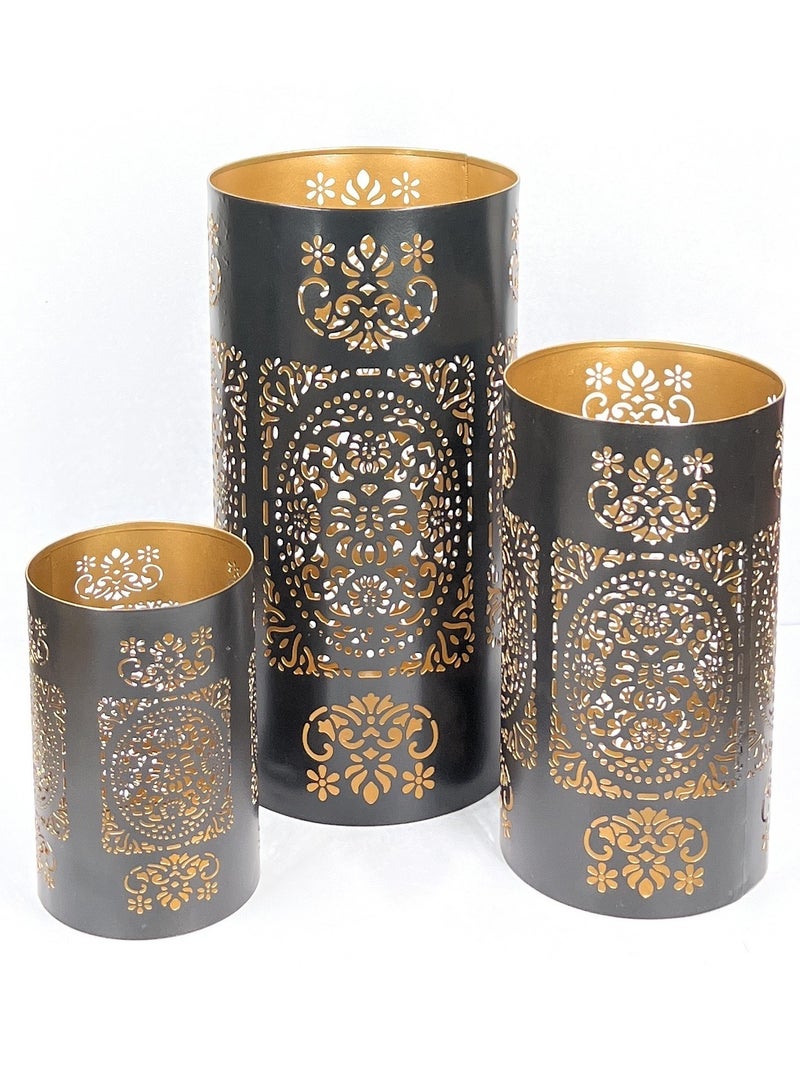 Souq DESIGNS حاملات شموع عربية، فوانيس رمضان - مجموعة من 3، حامل شموع معدني داخلي وخارجي باللون الذهبي  - Image 5