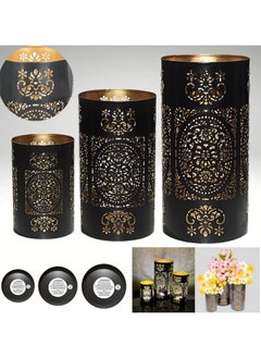 Souq DESIGNS حاملات شموع عربية، فوانيس رمضان - مجموعة من 3، حامل شموع معدني داخلي وخارجي باللون الذهبي  - Image 2