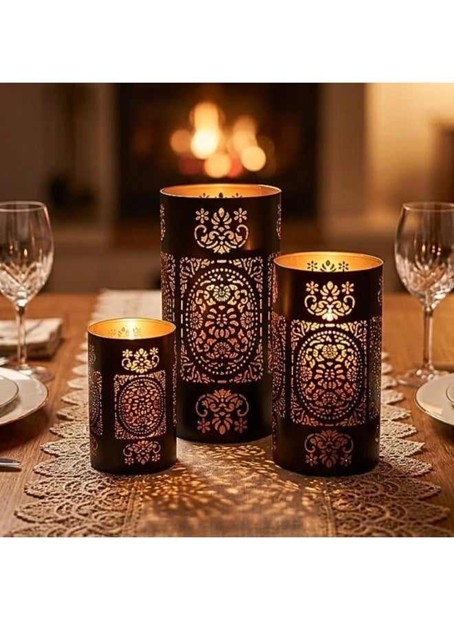 Souq DESIGNS Ramadan Hurricane Candle Holder Set of 3 – Black Gold Moroccan Floral Metal Pillar Candle Holders | Hurricane Lantern Tealight Table Centerpiece | Flower Vase Indoor Outdoor Decor Gift - Image 1