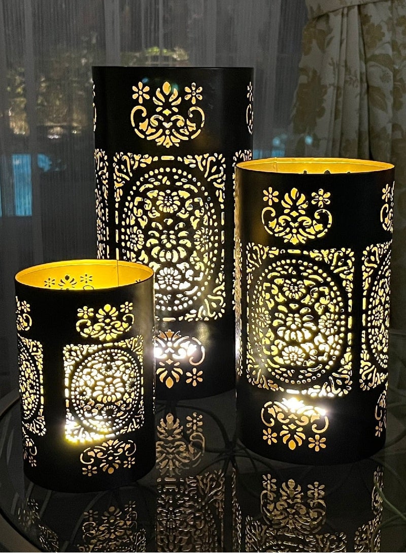 Souq DESIGNS Ramadan Hurricane Candle Holder Set of 3 – Black Gold Moroccan Floral Metal Pillar Candle Holders | Hurricane Lantern Tealight Table Centerpiece | Flower Vase Indoor Outdoor Decor Gift - Image 4