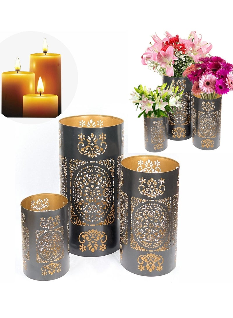 Souq DESIGNS Ramadan Hurricane Candle Holder Set of 3 – Black Gold Moroccan Floral Metal Pillar Candle Holders | Hurricane Lantern Tealight Table Centerpiece | Flower Vase Indoor Outdoor Decor Gift - Image 2