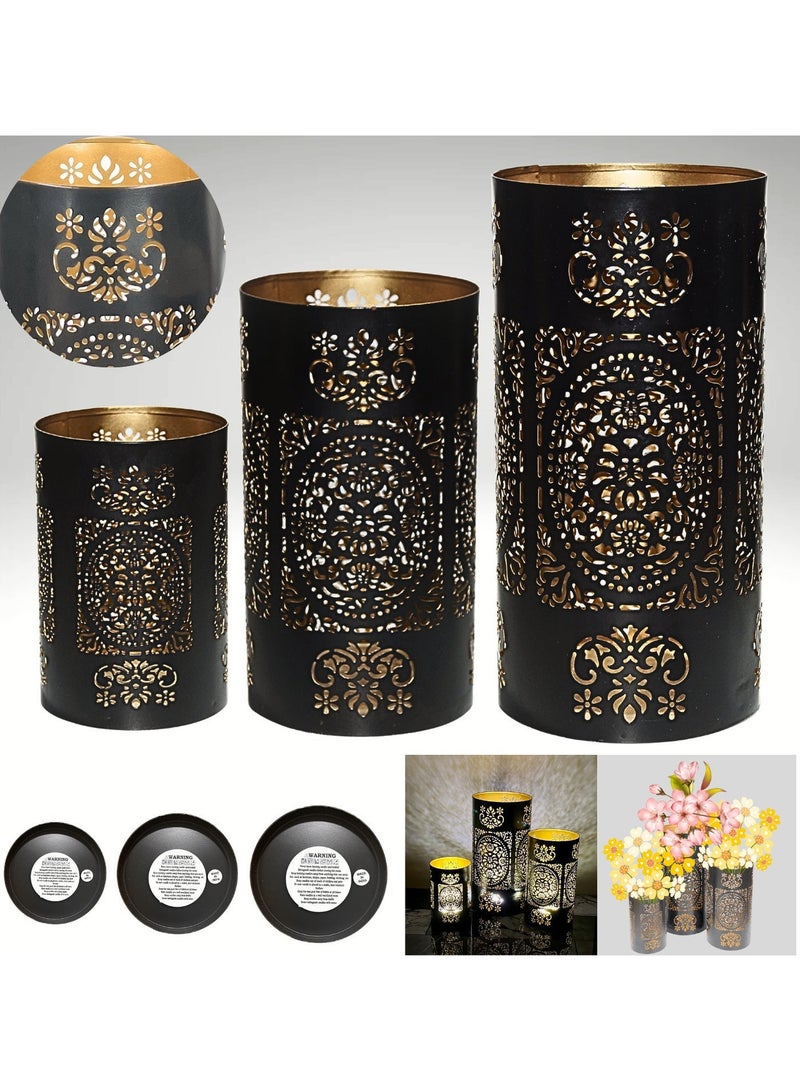 Souq DESIGNS Ramadan Hurricane Candle Holder Set of 3 – Black Gold Moroccan Floral Metal Pillar Candle Holders | Hurricane Lantern Tealight Table Centerpiece | Flower Vase Indoor Outdoor Decor Gift - Image 3