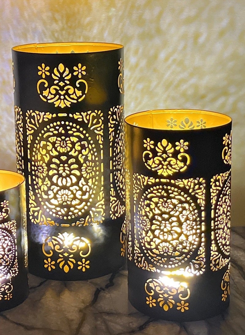 Souq DESIGNS Ramadan Hurricane Candle Holder Set of 3 – Black Gold Moroccan Floral Metal Pillar Candle Holders | Hurricane Lantern Tealight Table Centerpiece | Flower Vase Indoor Outdoor Decor Gift - Image 5