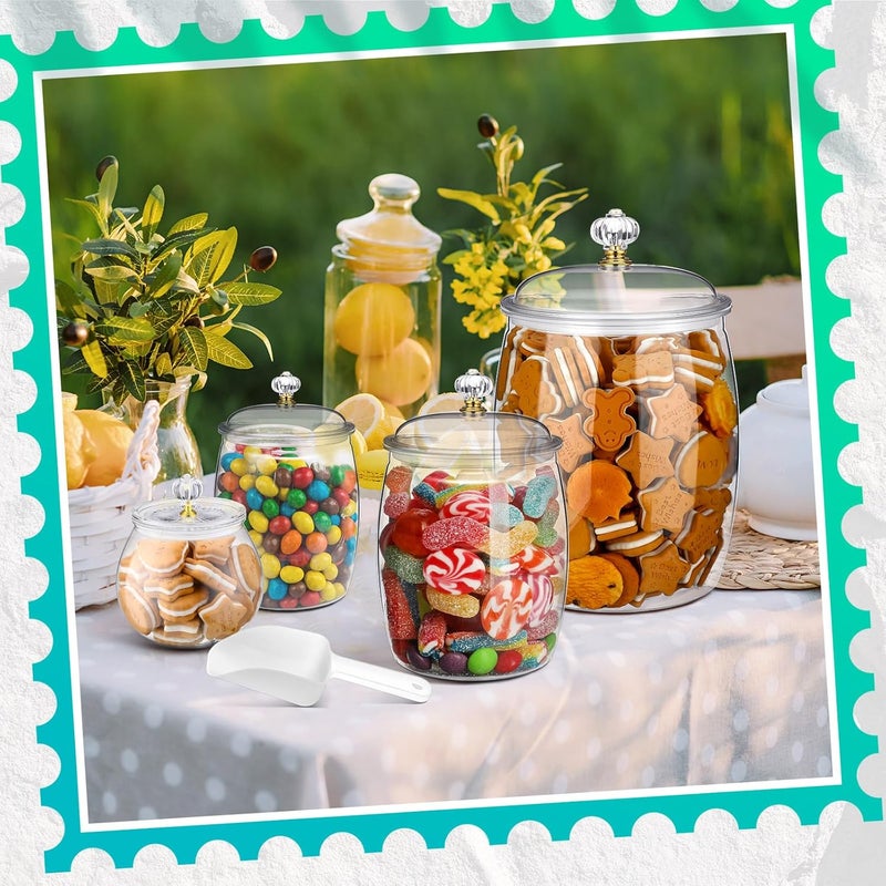 Nuogo 4 Pcs Plastic Candy and Cookie Jars with Lids Clear Cookie Container Candy Jars Large Airtight Apothecary Storage Organization for Wedding Home Kitchen Bar(30/42/64/128 oz) - Image 3