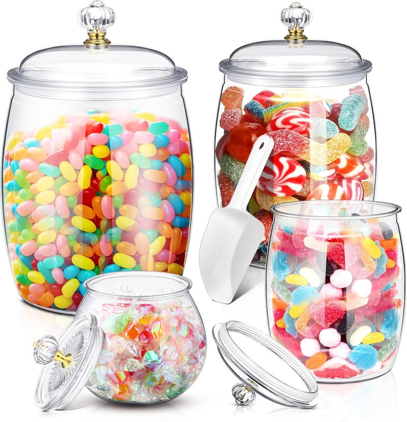 Nuogo 4 Pcs Plastic Candy and Cookie Jars with Lids Clear Cookie Container Candy Jars Large Airtight Apothecary Storage Organization for Wedding Home Kitchen Bar(30/42/64/128 oz) - Image 1